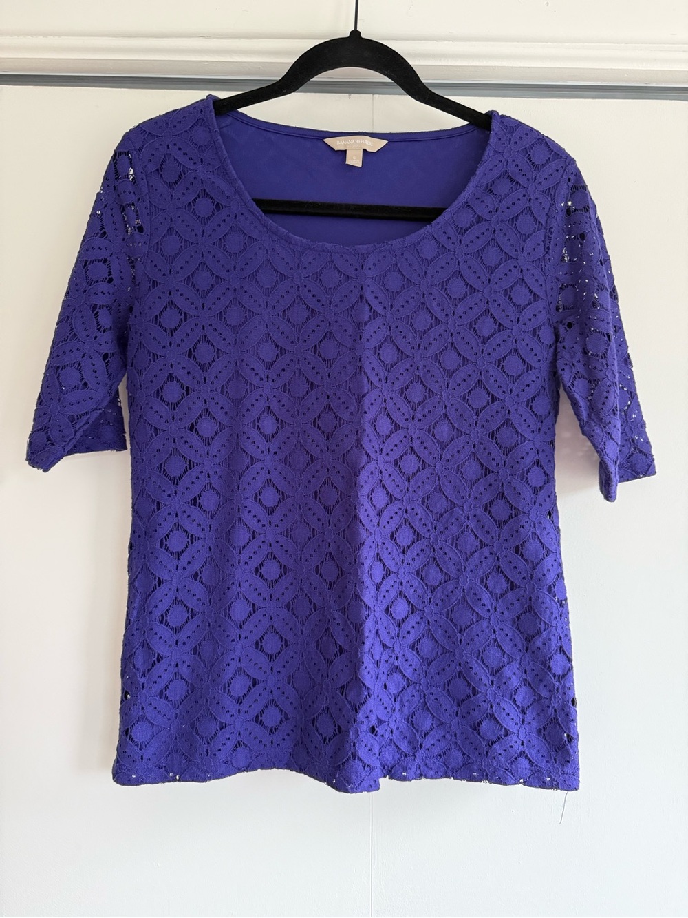 Banana Republic Indigo Purple Eyelet Lace Top, Sheer Sleeves, Sz S